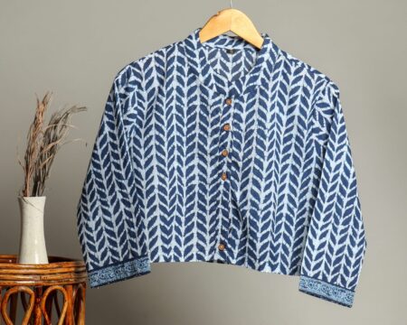 Hand Block Printed Cotton Shirt for Women ? Indigo Blue Leaf Print Button-Down Top with Long Sleeves
