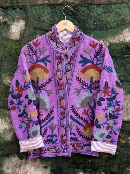 Womens Purple Velvet Embroidered Jacket with Floral Design